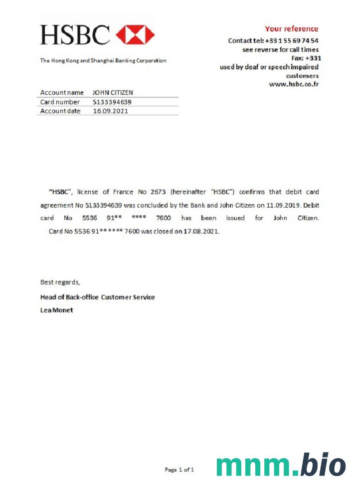 Przykład zamknięcia Francji HSBC w formatach Word i PDF